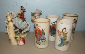 Asian Stye Pottery Bud Vases, Euporean Porcelain Figurine, Bone Carved Geisha