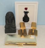 Handbag, Egyptian Statue, Rail road Tie Bookends, Black lab Art