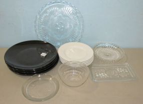Clear Glass Serving Pieces and Pottery Plates