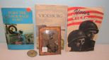 1861 Civil War Tin Style, Three War Books, and Vintage Pin