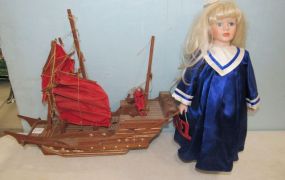 Decor Wood Ship Display, Ceramic Doll