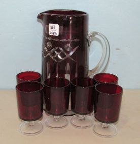 Rudy Red Etched Pitcher and Six Red Tumblers