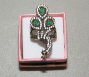 Unusual Marcacite and Green Stone Peacock Ring