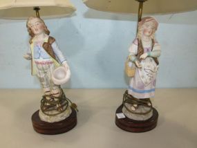 Pair of Hand Painted Ceramic Lady and Man Table lamps