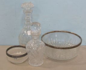 Silverplate Rim Bowls and Two Glass Decanters