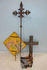 Hummingbird Sign, Wood Cross, and Iron Cross Pole