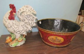 J. Willfred Ceramic Rooster and Decor Metal Bucket