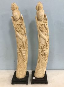 Pair of Alabaster Plastic Tusk Carved Replicas