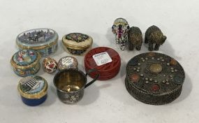 Small Enamel Pill Boxes, Ornate Trinket Box, and Three Miniature Elephants