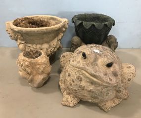 Three Decorative Planters and Large Frog