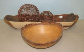 Wood Carved Center Piece Tray and Oak Hand Made Bowl