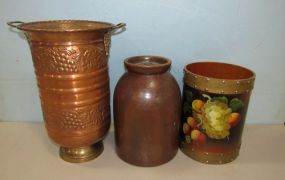 Vintage Crock, Brass Decor Urn, and Decor Waste Bucket