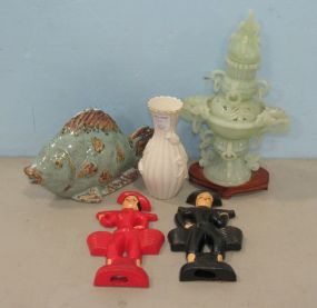 Nephrite Jade Decor Piece, Lenox Vase, and Two Ceramic Asian Figurines