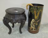 Oriental Black Lacquer Plant Stand and Modern Tin Umbrella Stand