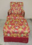 Upholstered Red Fabric Arm Chair and Ottoman