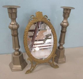 Ornate Oval Mirror and Two Metal Decor Candle Holders