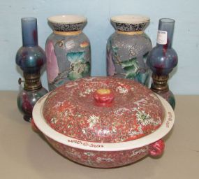 Chinese Decor Pot, Pair of Vases, Colorful Lanterns.
