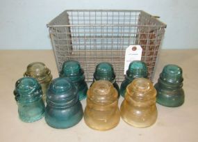 Nine Glass Insulators and Metal Locker Basket