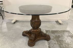 Reproduction Ornate Wood Carved Glass Top Pedestal Table