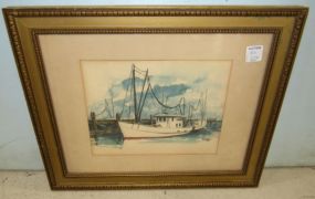 Framed Watercolor of Ship