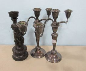 Newport Silver Plate Three Arm Candle Holders and Metal Boy Figural Candle Holder