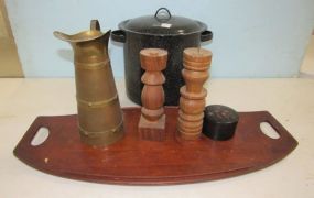 Wood Serving Tray, Brass Pitcher, Candle Holders, Coasters, and Speckled Cooking Pot