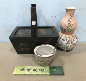 Chinese Hand Painted Vase, Satsuma Style Planter, and Wood Handled Box