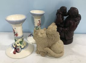 Gail Pittman Candle Holders, Resin Statue, and Cat Figurine