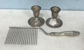 Pair of Weighted Sterling Candle Holders and Cake Breaker