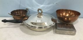 Silver Plate Covered Skillet, Copper Pieces, and Monogrammed Trinket Box