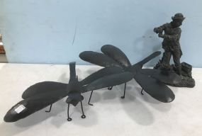 Metal Decor Butterfly Figures and Fisherman Statue