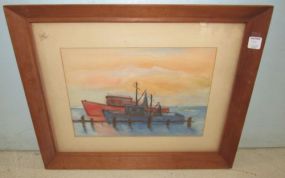 Watercolor Painting of Ship in Harbor