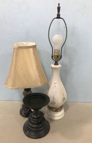 White Ceramic Floral Design Table Lamp, Tortoise style Lamp, and Candleholder