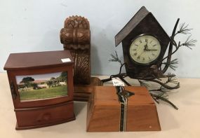 Modern Bird House Clock, Wood Carved Wall Shelf, Jewelry Box, and Cigar Box