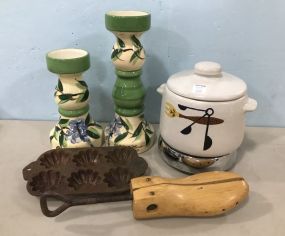 Gail Pittman Vase, Shoe Horn, Iron Muffin Pan, and Stoneware Pot
