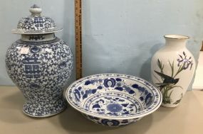 Blue and White Ginger Jar, Wash Bowl, and Franklin Meadow Land Bird Vase