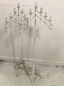 Two White Painted Wrought Iron Candle Stands