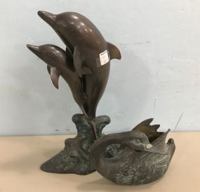 Bronzed Color Metal Dolphin Statue and Metal Swan Planter