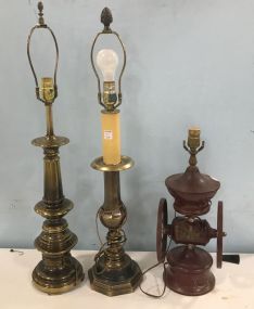 Two Brass Colonial Style Lamps and Metal Grinder Lamp