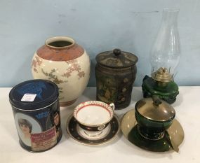 Oil Lamp, Cup & Saucer, Tin, Oriental Vase