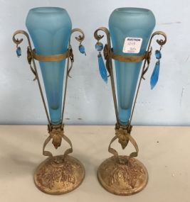 Vintage Metal Blue Glass Vase Stand