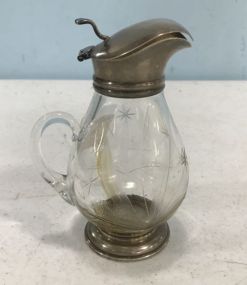 Small Etched Glass Sterling Syrup Pitcher