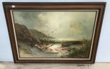 Oil Painting of Seashore of Boat and Seagulls Signed H. Gailey
