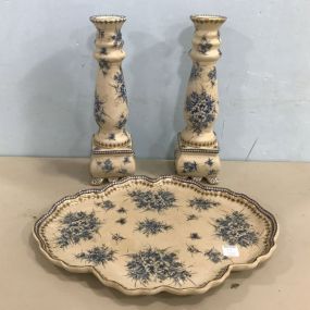 Decorative Hand Painted Porcelain Tray and Candle Holders