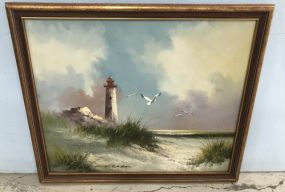 Oil Painting on Canvas of Seashore with Seagulls Signed