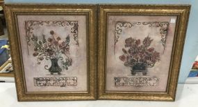 Pair of Hand Colored Block Print of Urn with Flowers