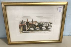 Framed Pen and Watercolor of City View Bridge