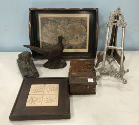 Serving Tray, Carved Bird Statue, Box, and Decor