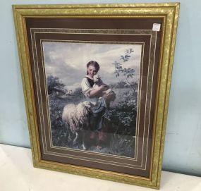 Modern Gold Gilt Framed Girl and Sheep Print