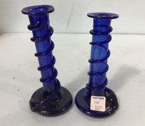 Pair of Cobalt Blue Pontil Candle Sticks
